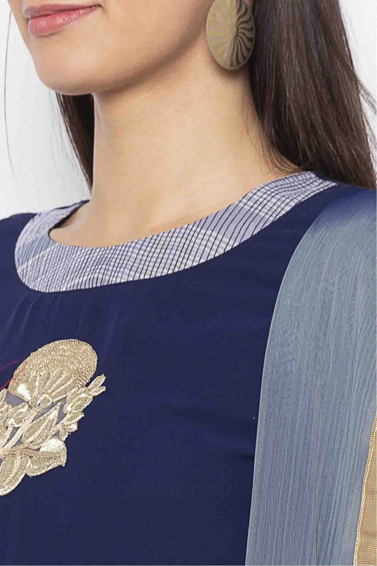 Navy Blue Plus Size Georgette Embroidery Pant Style Suit NCSS10710624