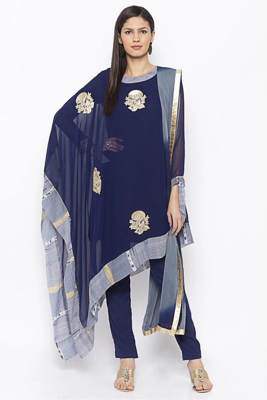 Navy Blue Plus Size Georgette Embroidery Pant Style Suit NCSS10710624