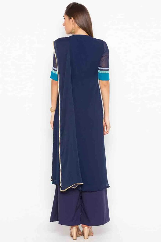 Navy Blue Plus Size Stitched Georgette Embroidery Palazzo Pant Suit NCSS10710544