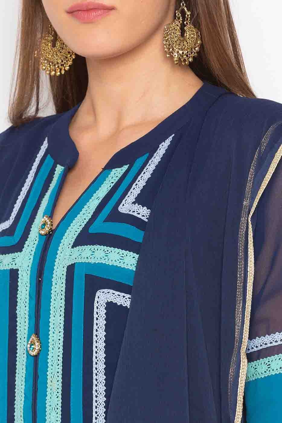 Navy Blue Plus Size Stitched Georgette Embroidery Palazzo Pant Suit NCSS10710544