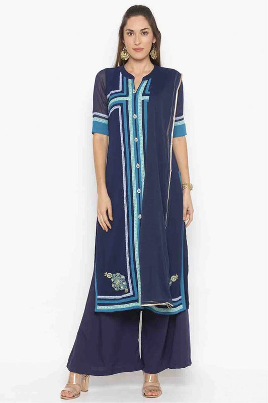 Navy Blue Plus Size Stitched Georgette Embroidery Palazzo Pant Suit NCSS10710544