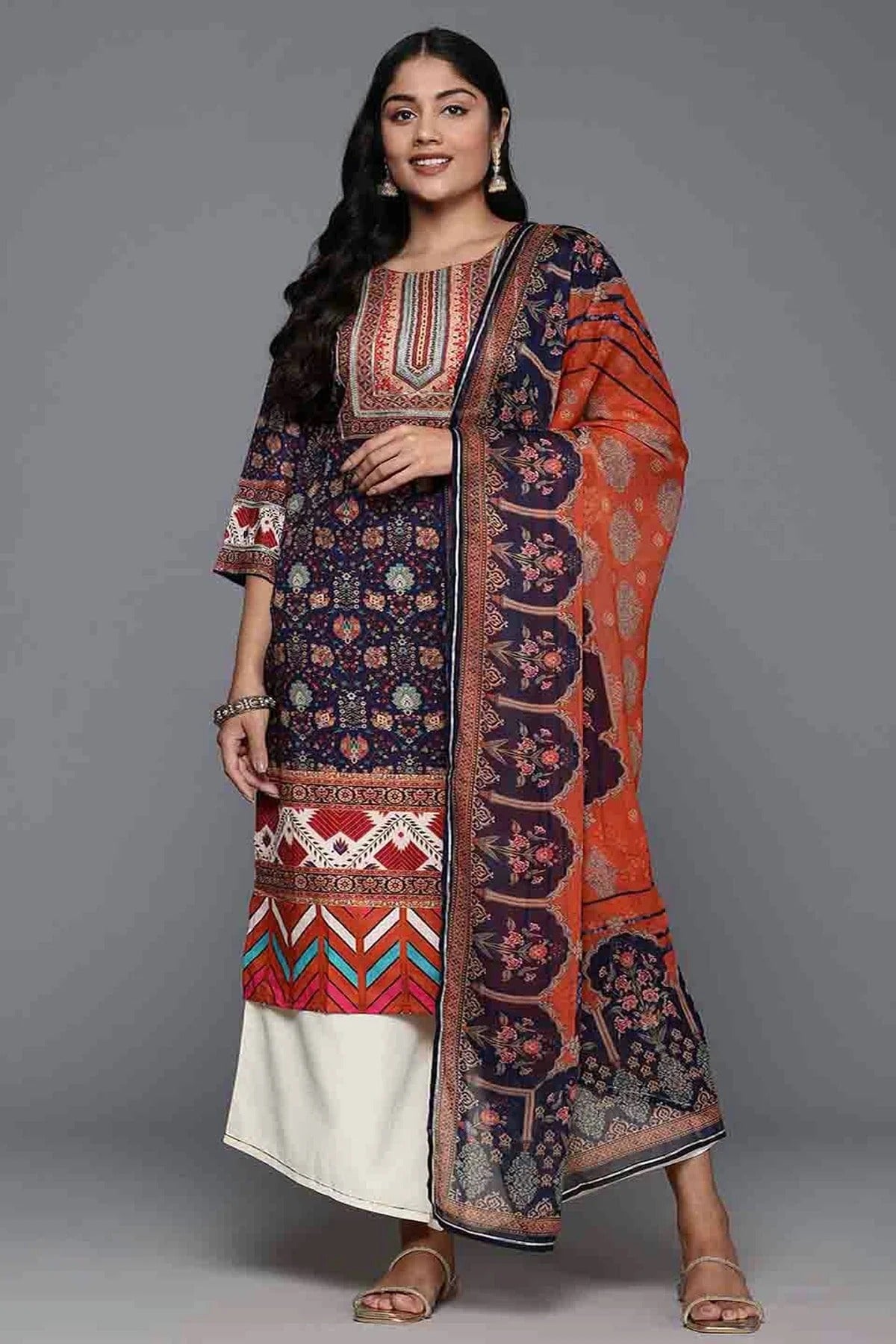 Navy Blue Poly Crepe Stitched Palazzo Pant Suit NCSS11110211