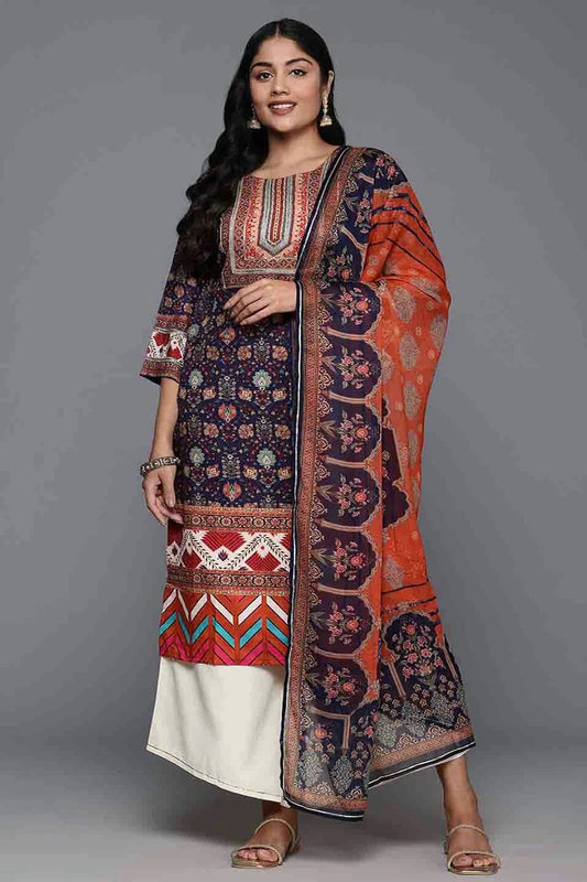 Navy Blue Poly Crepe Stitched Palazzo Pant Suit NCSS11110211