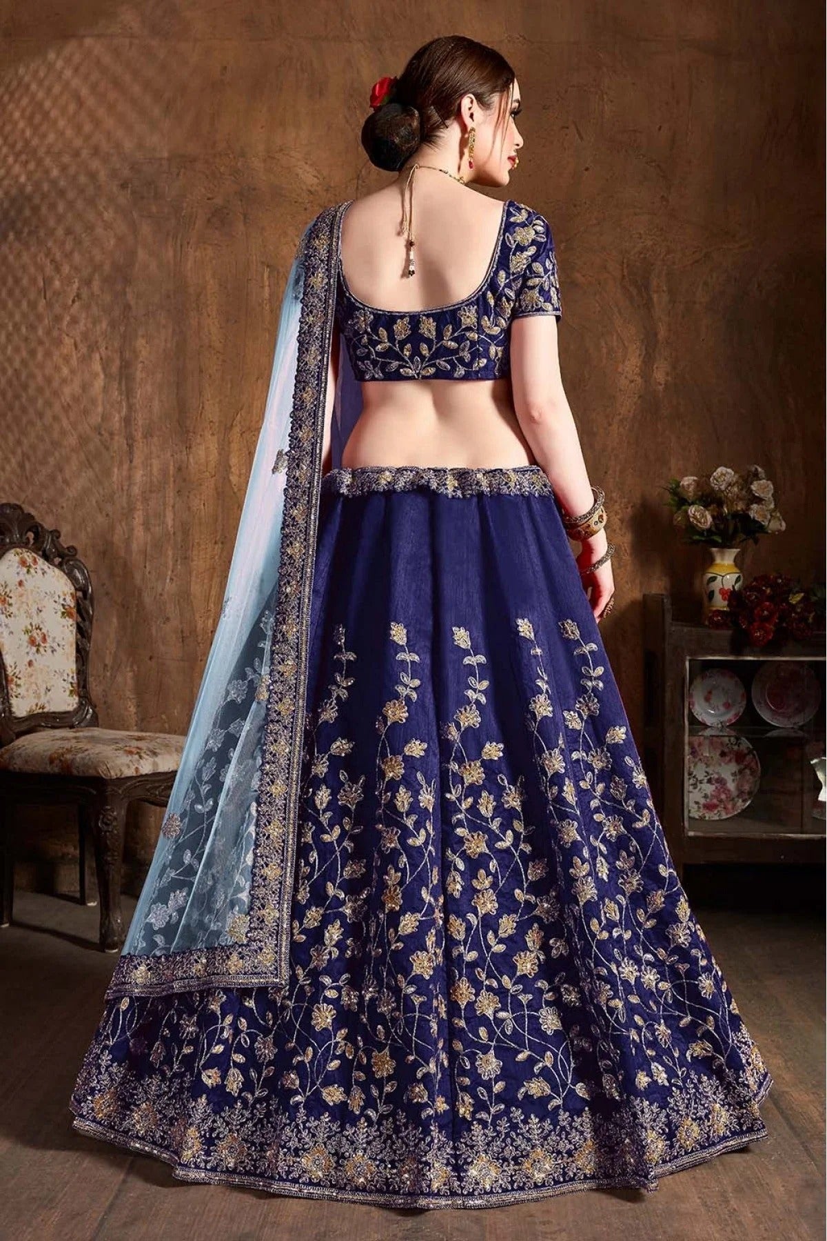 Navy Blue Raw Silk Lehenga Choli NCLC10110296