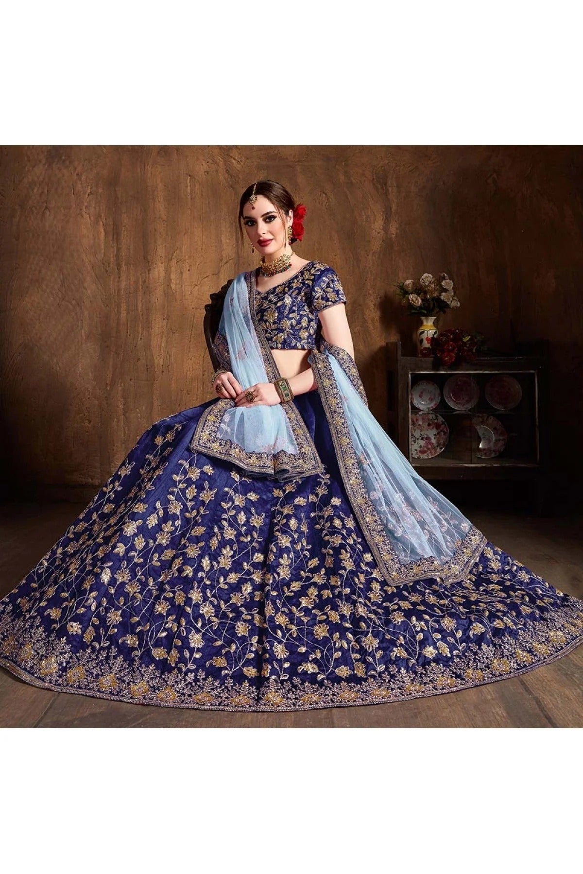 Navy Blue Raw Silk Lehenga Choli NCLC10110296