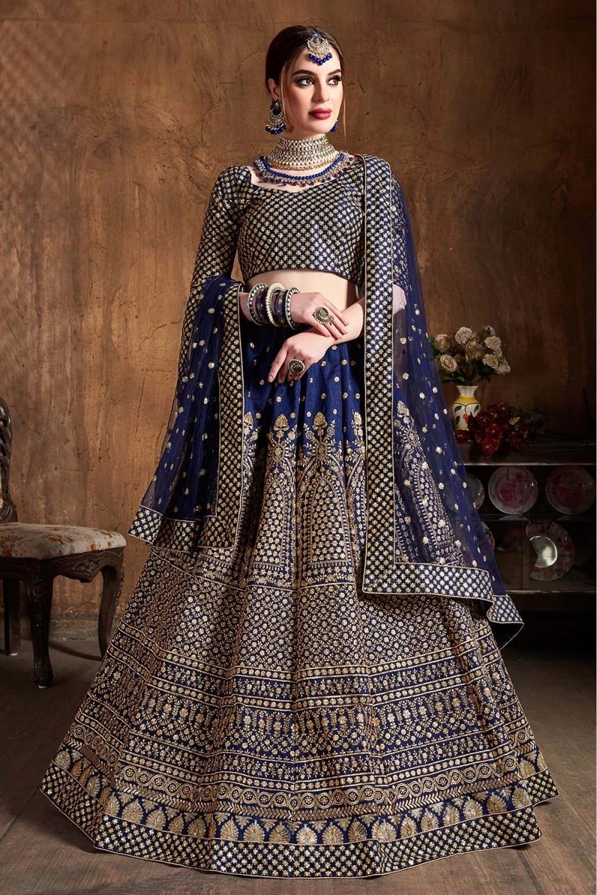 Navy Blue Raw Silk Lehenga Choli NCLC10110303