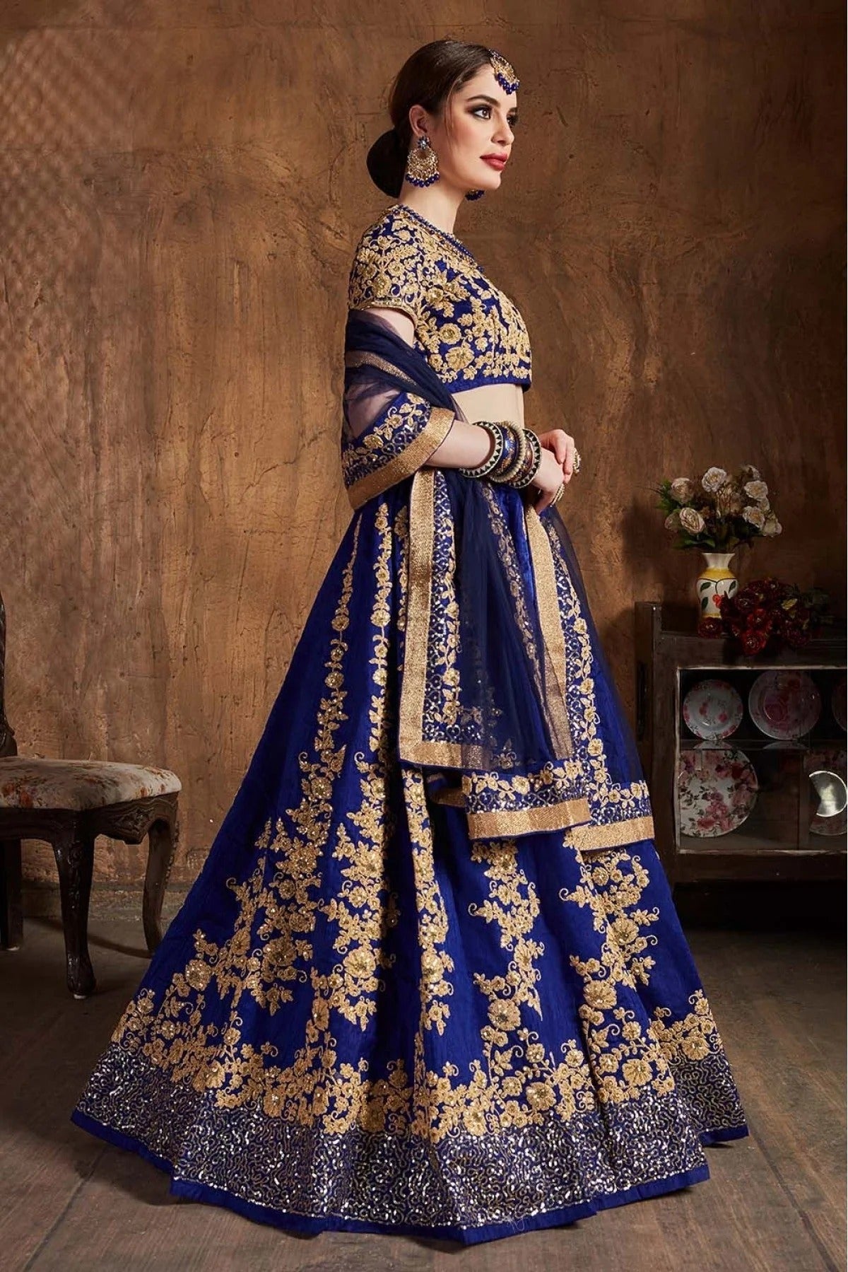 Navy Blue Raw Silk Lehenga Choli NCLC10110306
