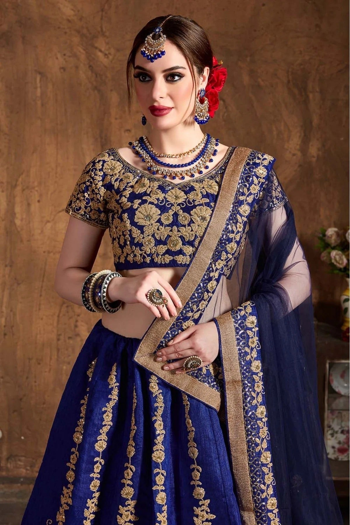 Navy Blue Raw Silk Lehenga Choli NCLC10110306