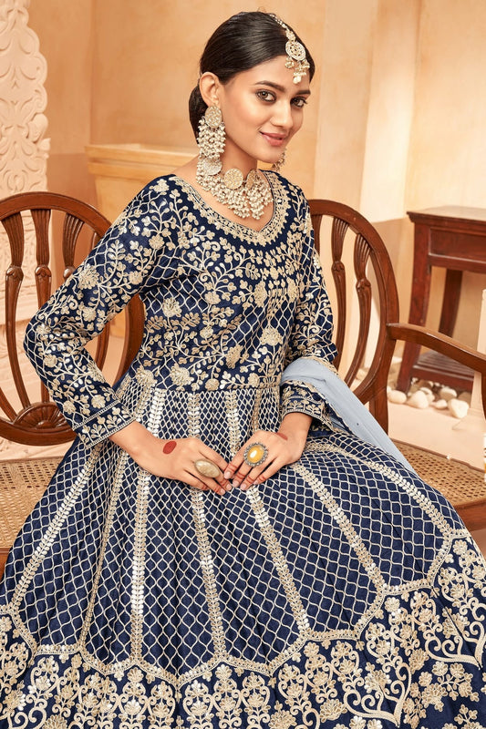 Navy Blue Semi Stitched Art Silk Anarkali Suit NCSM10510304
