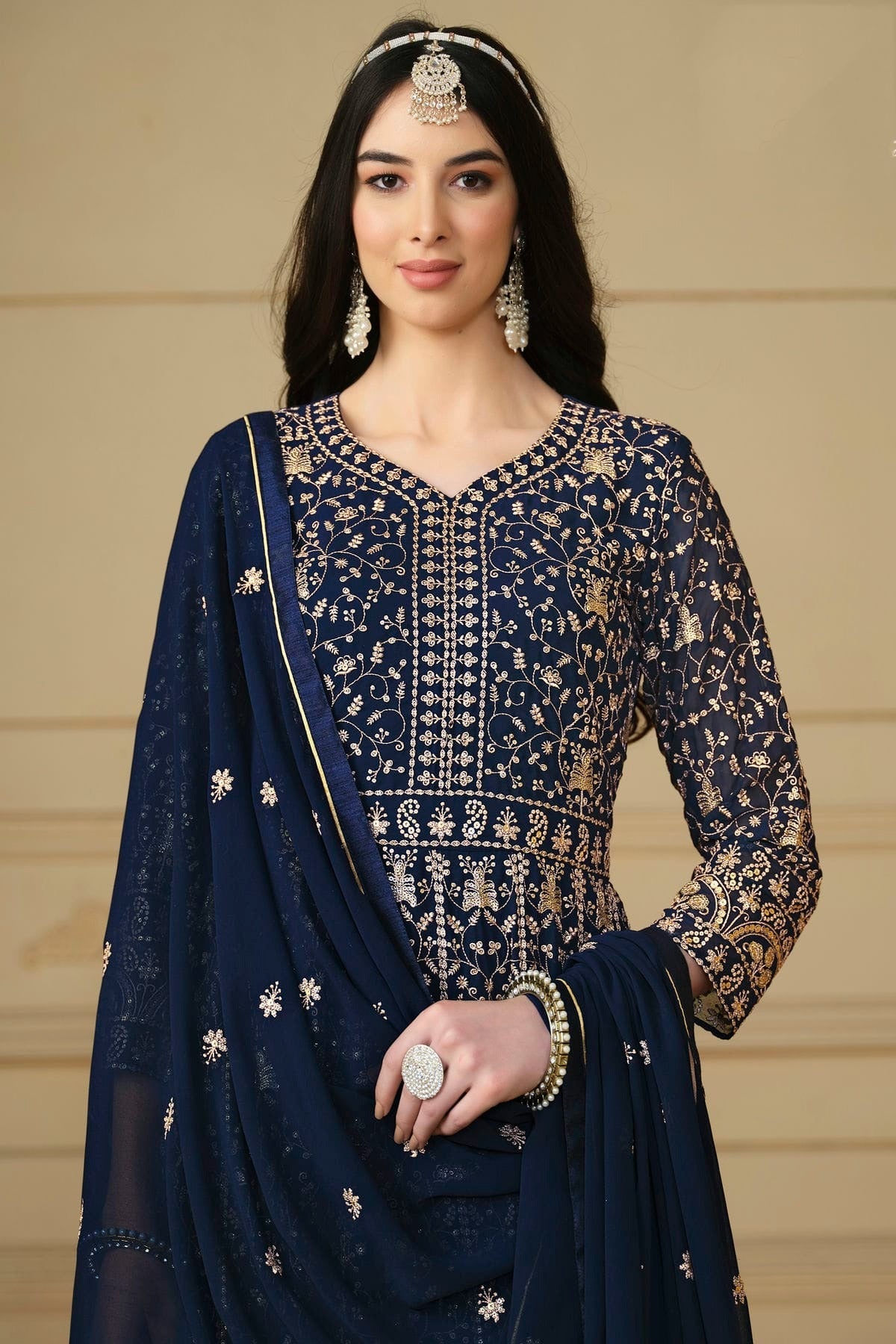 Navy Blue Semi Stitched Faux Georgette Anarkali Suit NCSM10510266