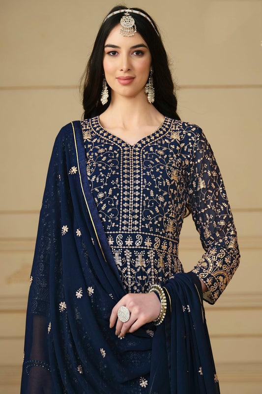 Navy Blue Semi Stitched Faux Georgette Anarkali Suit NCSM10510266