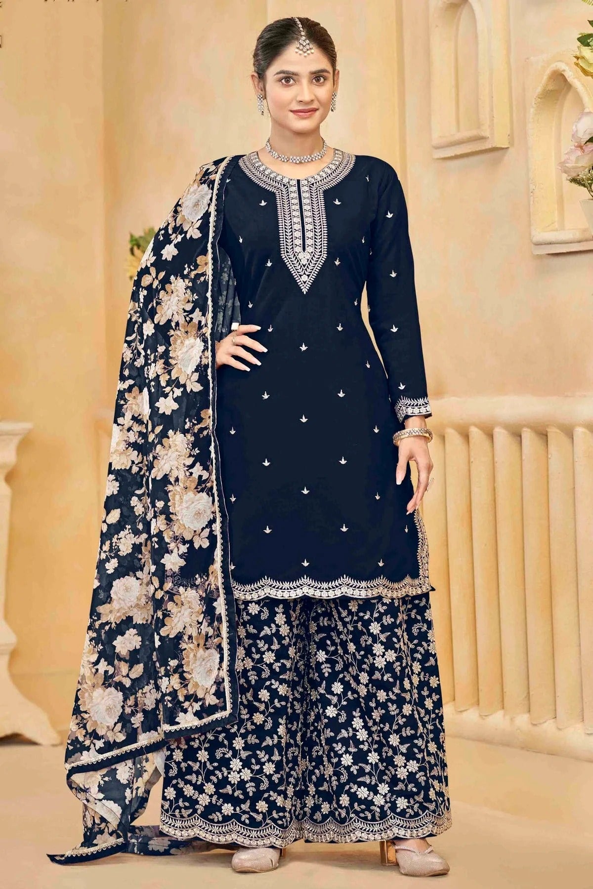Navy Blue Semi Stitched Roman Silk Palazzo Pant Suit NCSM10510108