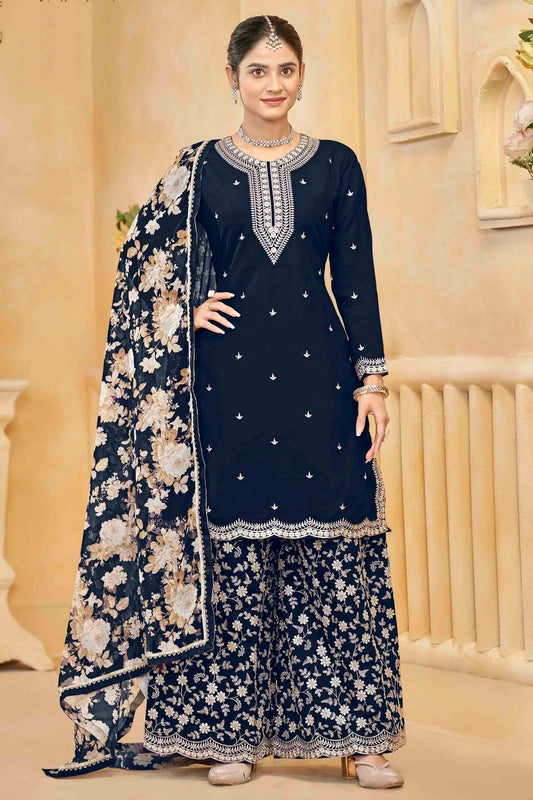 Navy Blue Semi Stitched Roman Silk Palazzo Pant Suit NCSM10510108