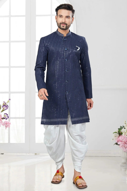 Navy Blue Silk Dupion Dhoti Sherwani NCSH10410170