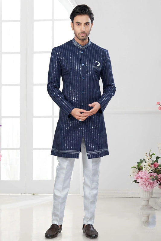 Navy Blue Silk Dupion Sherwani NCSH10410159