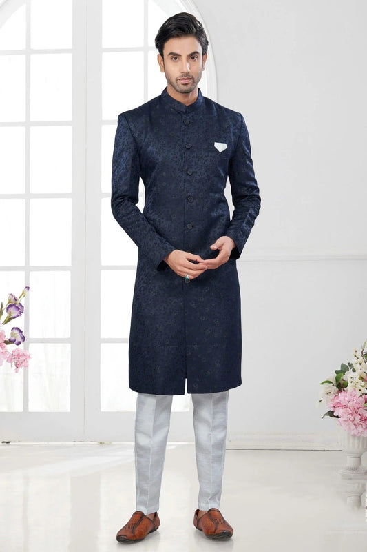 Navy Blue Silk Dupion Sherwani NCSH10410165