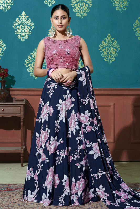 Navy Blue Silk Printed Lehenga Choli NCLC11510144