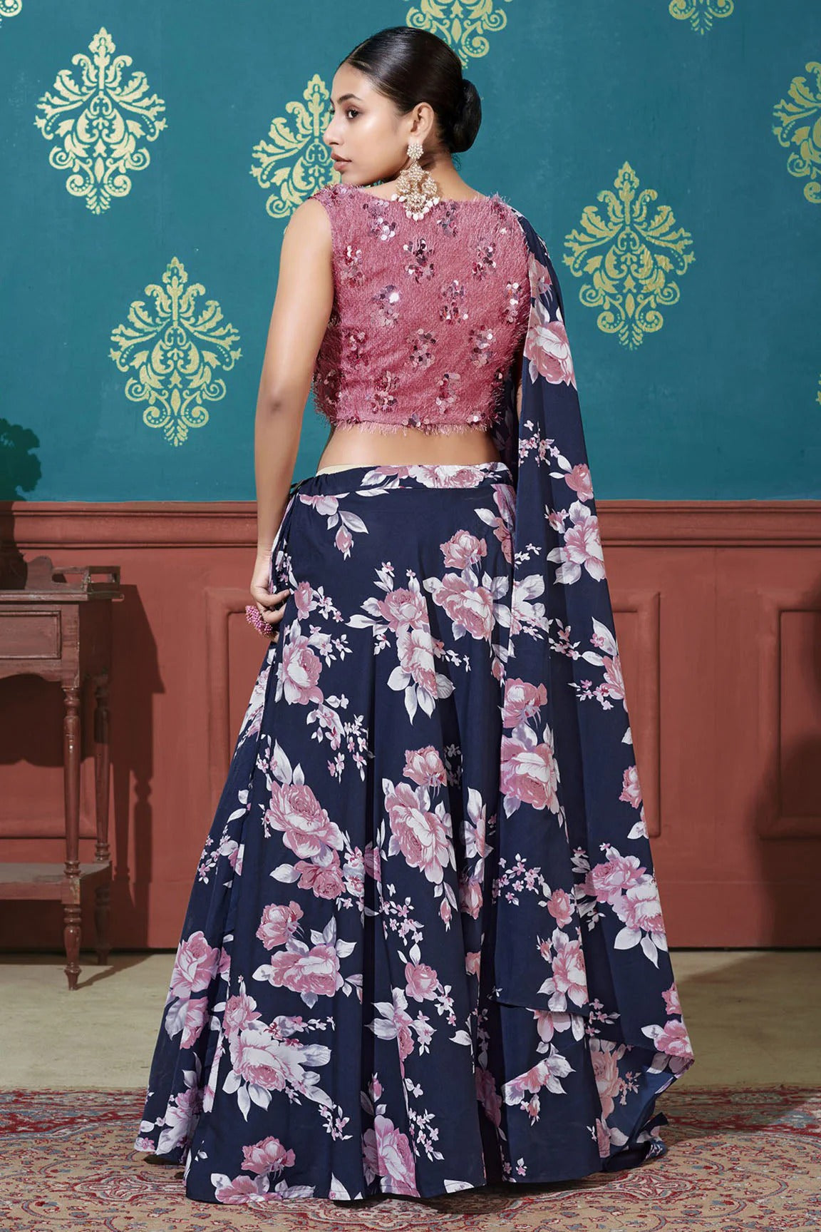 Navy Blue Silk Printed Lehenga Choli NCLC11510144