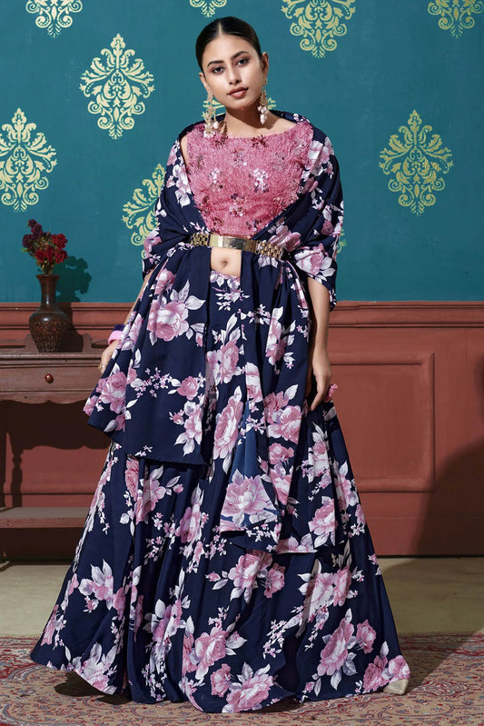 Navy Blue Silk Printed Lehenga Choli NCLC11510144