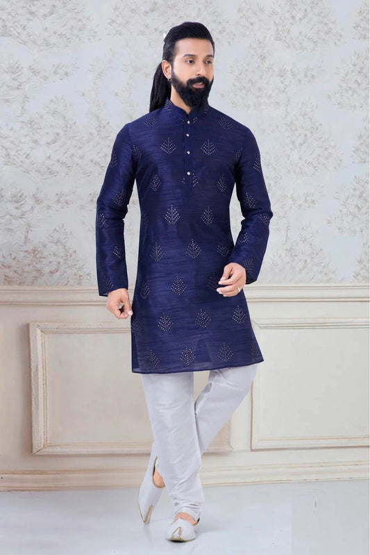 Navy Blue Silk Festival Wear Kurta Pajama NCKP11310127