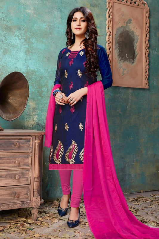 Navy Blue Unstitched Chanderi Cotton Straight Suit NCUS11610213