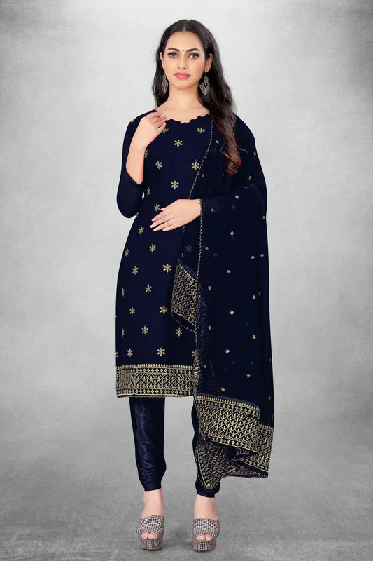 Navy Blue Unstitched Georgette Churidar Suit NCUS11610414