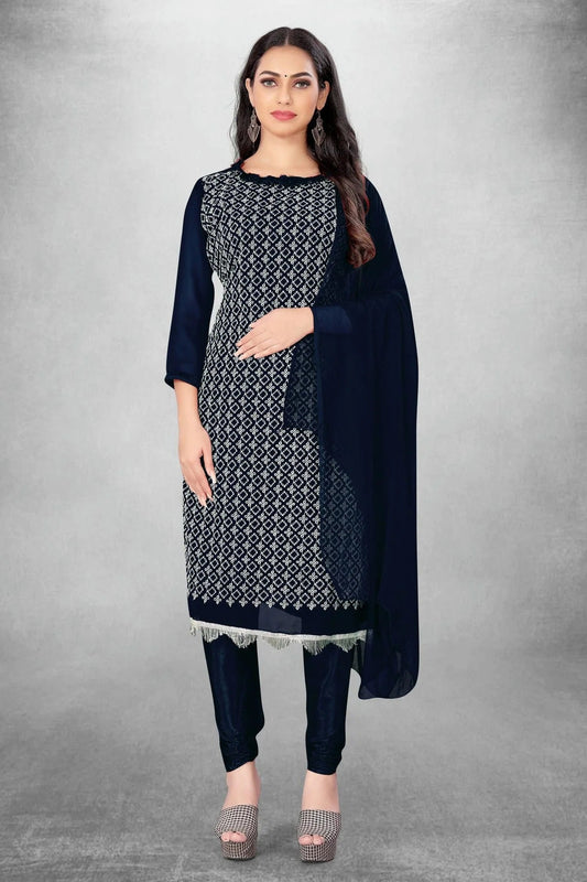 Navy Blue Unstitched Georgette Churidar Suit NCUS11610418