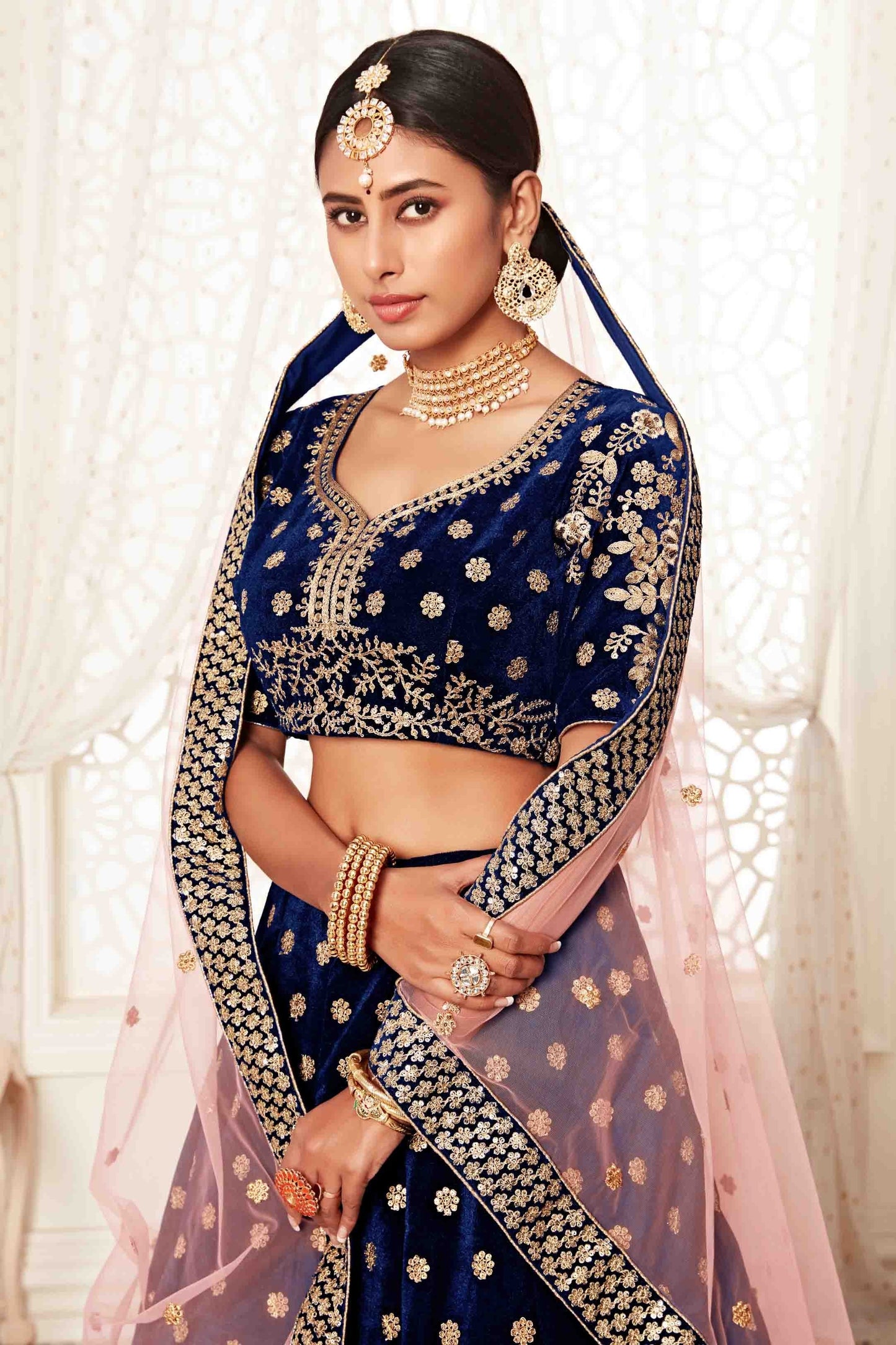Navy Blue Velvet Designer Lehenga Choli NCLC10110372
