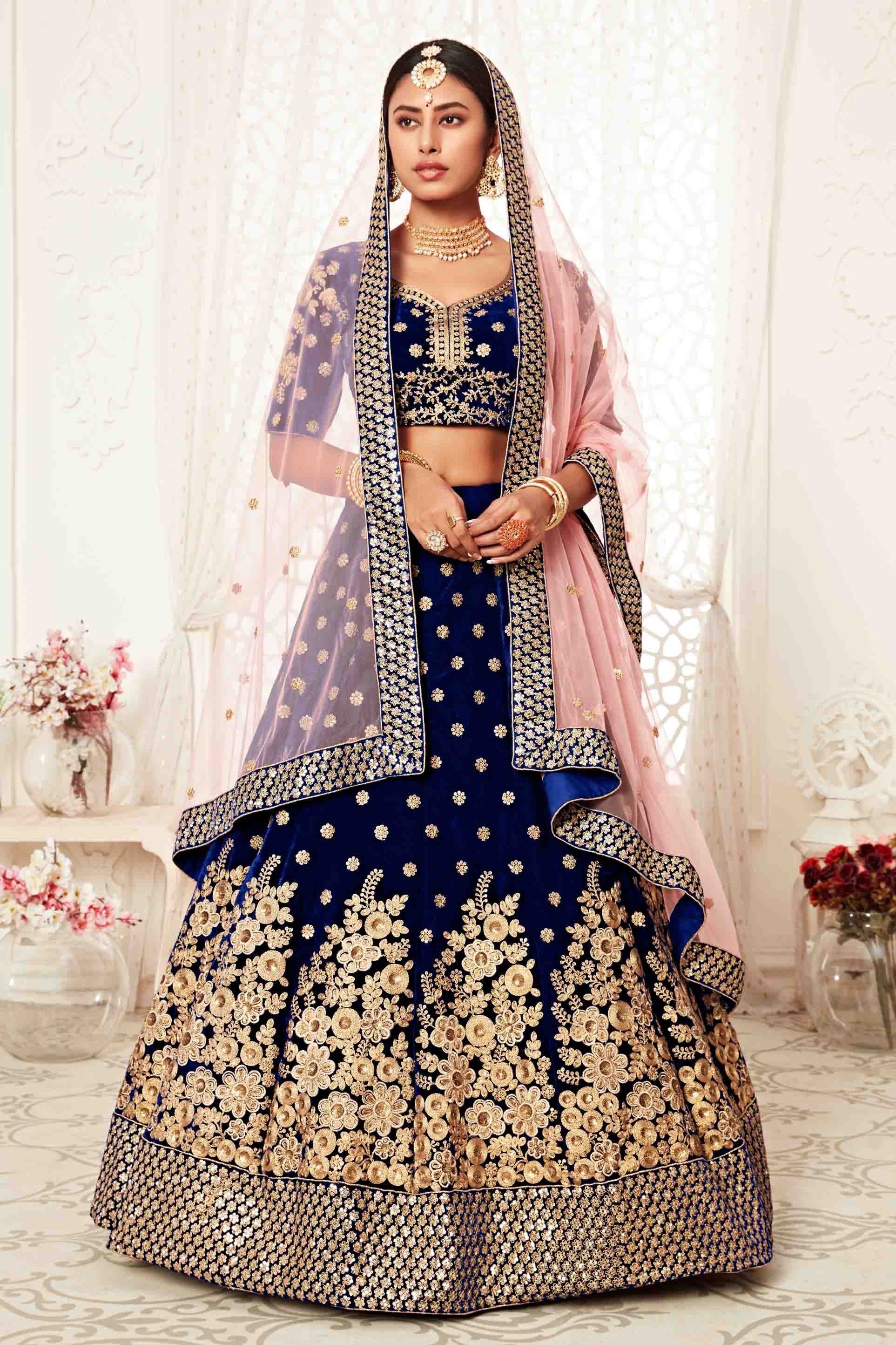 Navy Blue Velvet Designer Lehenga Choli NCLC10110372