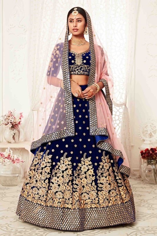 Navy Blue Velvet Designer Lehenga Choli NCLC10110372