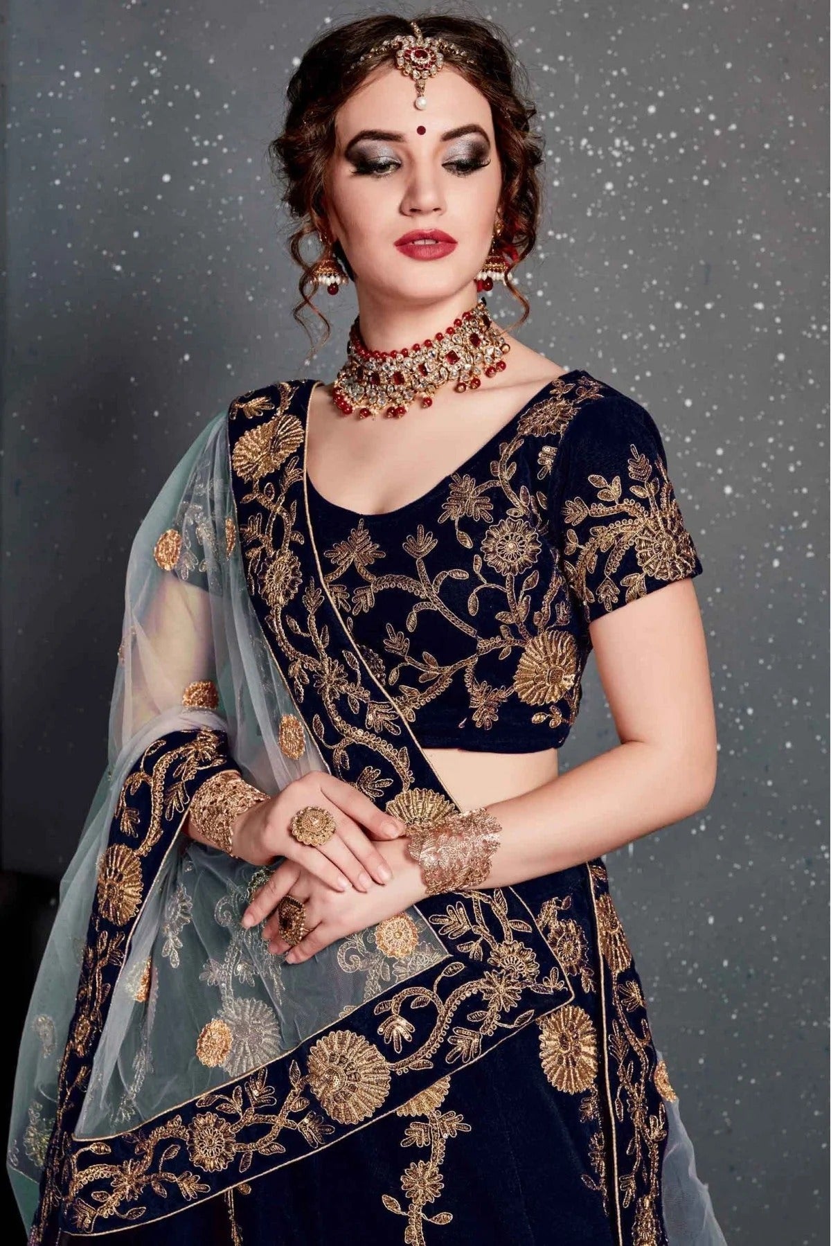 Navy Blue Velvet Lehenga Choli NCLC10110268