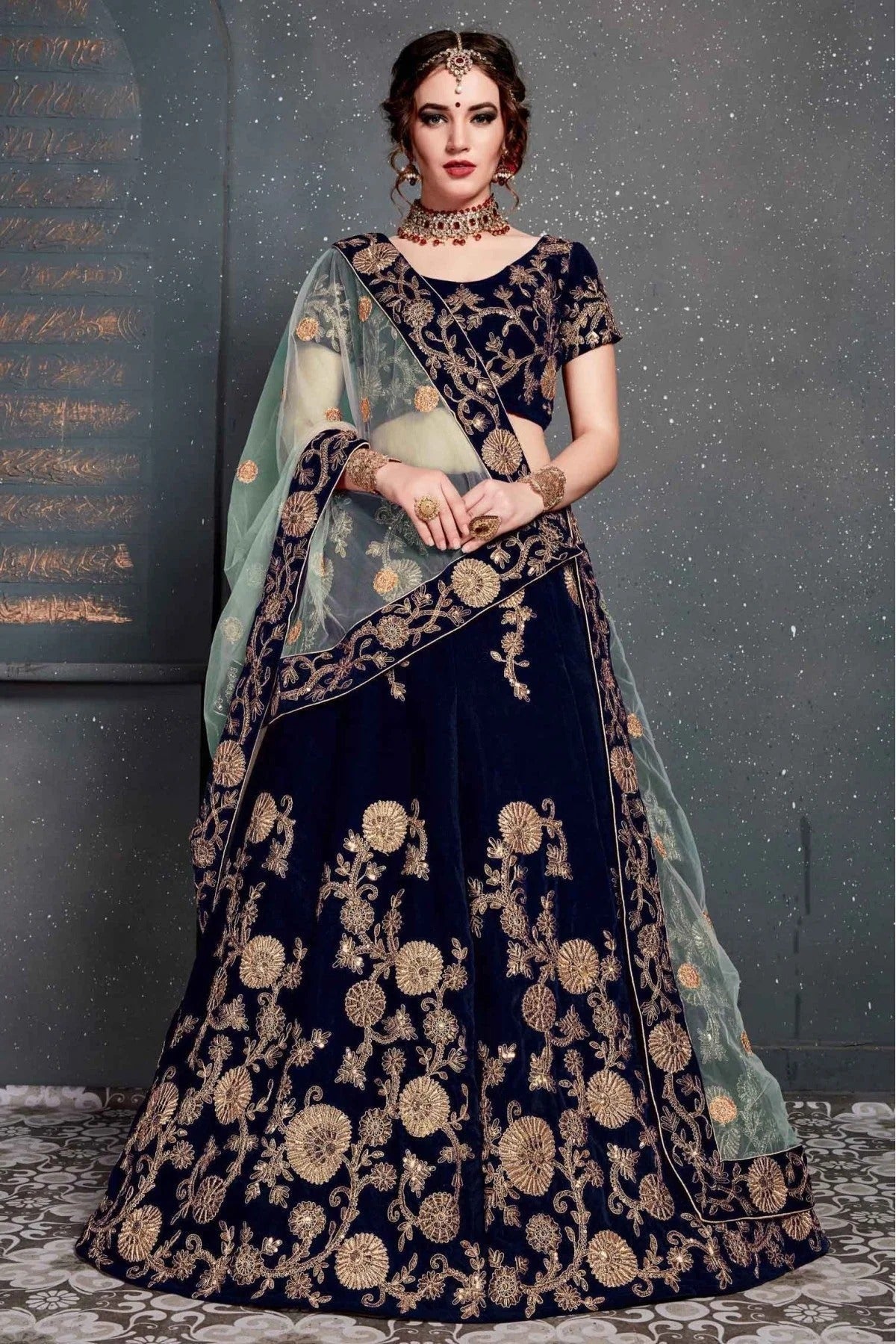 Navy Blue Velvet Lehenga Choli NCLC10110268