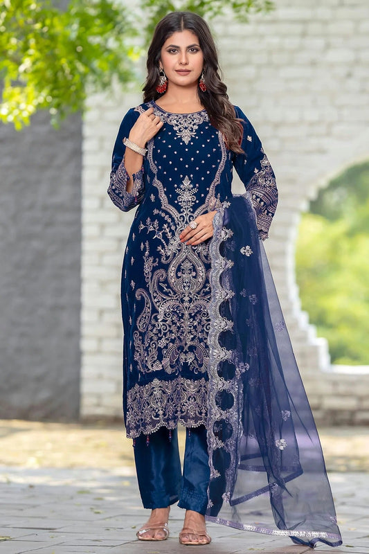 Navy Blue Velvet Semi Stitched Pakistani Suit NCSM12510203