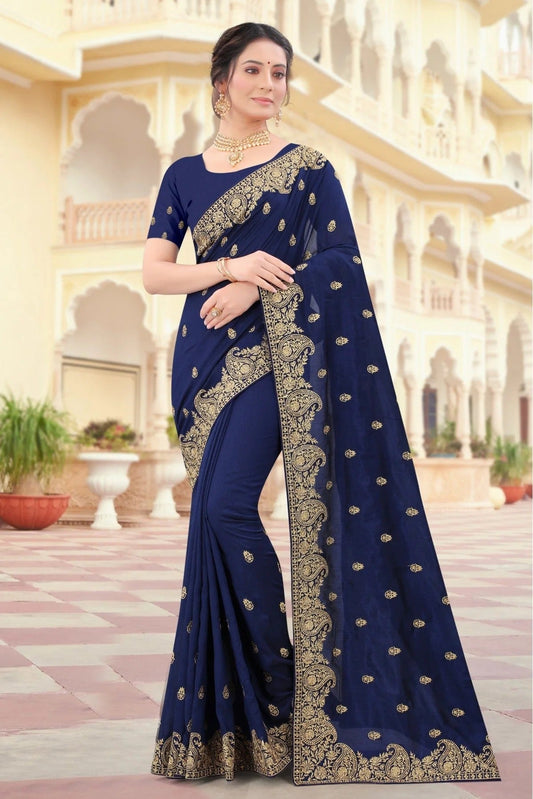 Navy Blue Vichitra Silk Embroidery Saree NCSD10910679