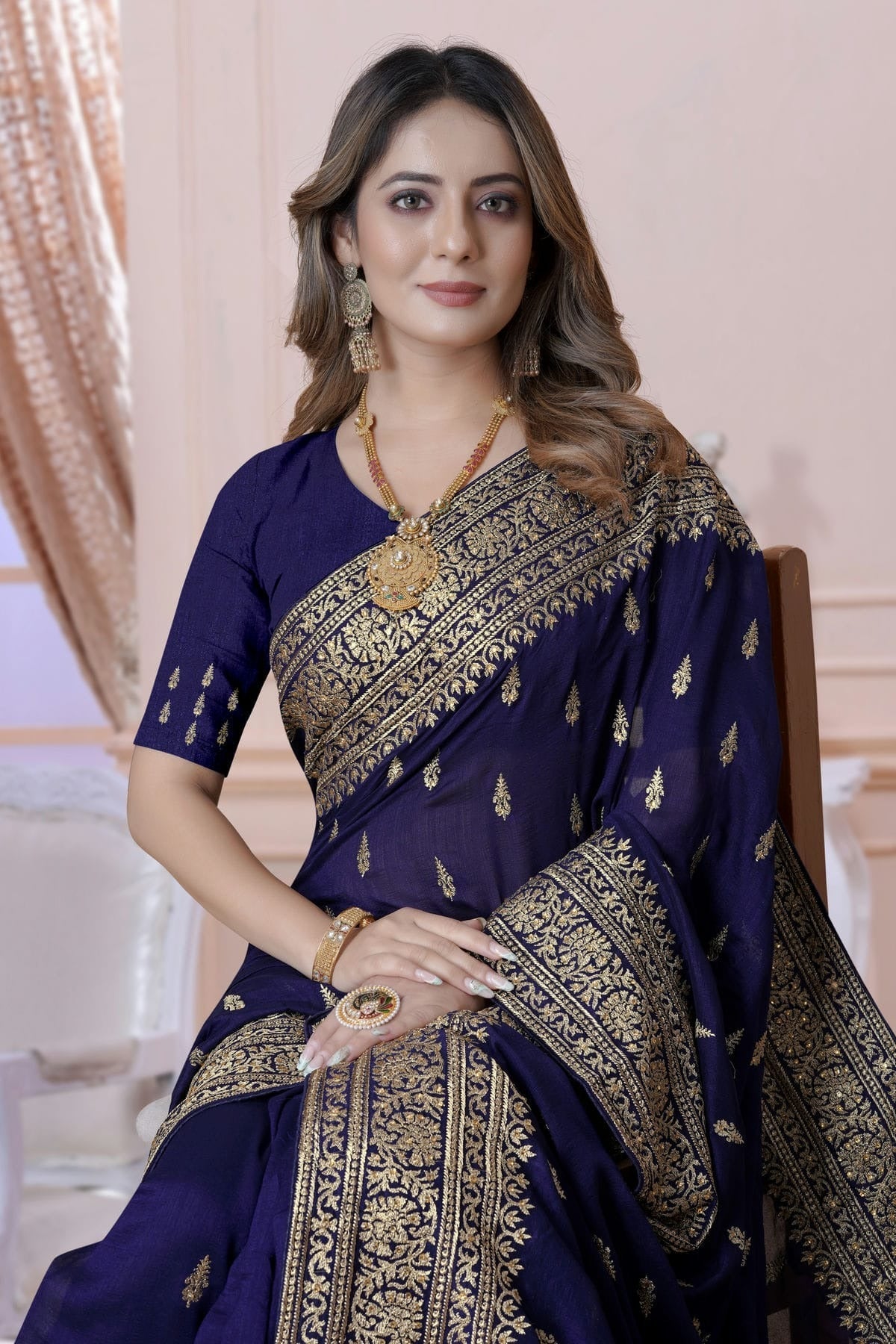 Navy Blue Vichitra Silk Saree NCSD10910324