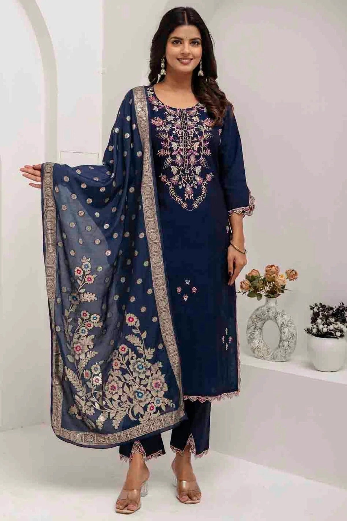 Navy Blue Viscose Silk Embroidery and Woven Pant Style Suit NCSS11110329