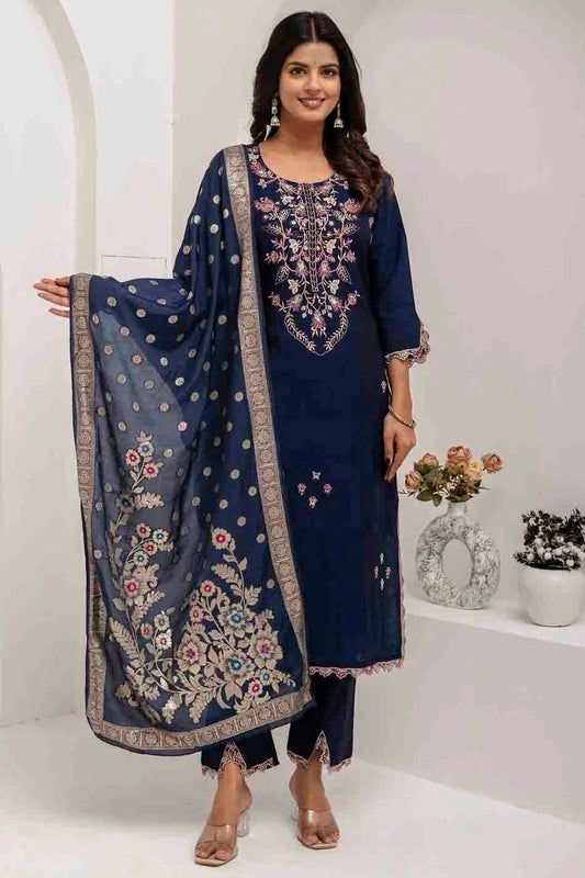 Navy Blue Viscose Silk Embroidery and Woven Pant Style Suit NCSS11110329
