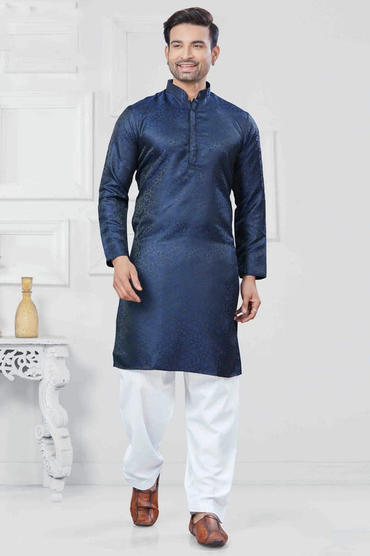 Navy Blue Woven Jacquard Silk Kurta Pajama NCKP11110535