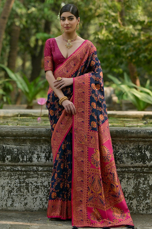 Navy Blue Woven Pashmina Silk Saree NCSD12610157