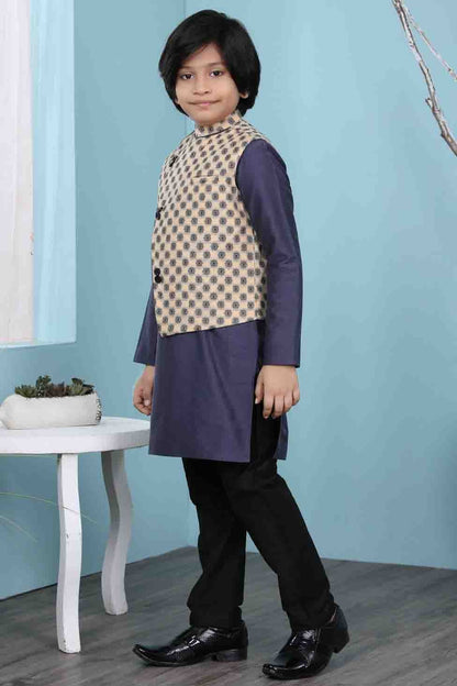 Navy Blue and Beige Cotton Silk Kurta PajamaWith Jacket  NCBW10710718