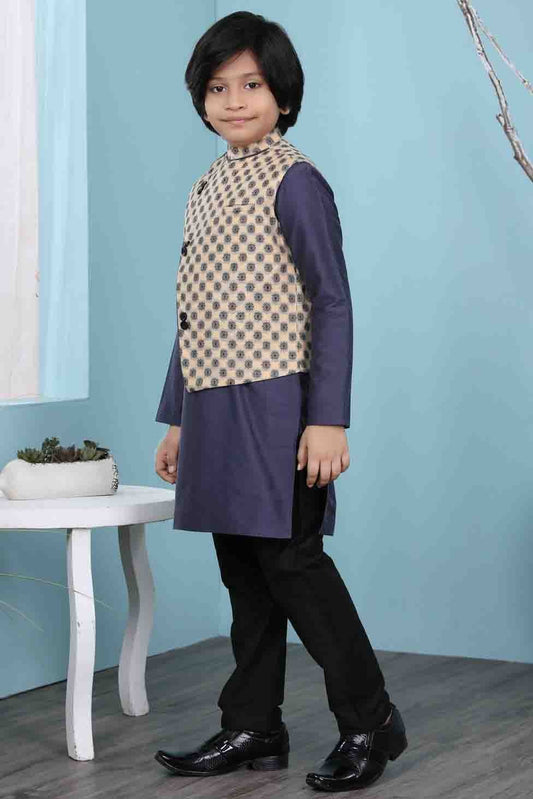 Navy Blue and Beige Cotton Silk Kurta PajamaWith Jacket  NCBW10710718