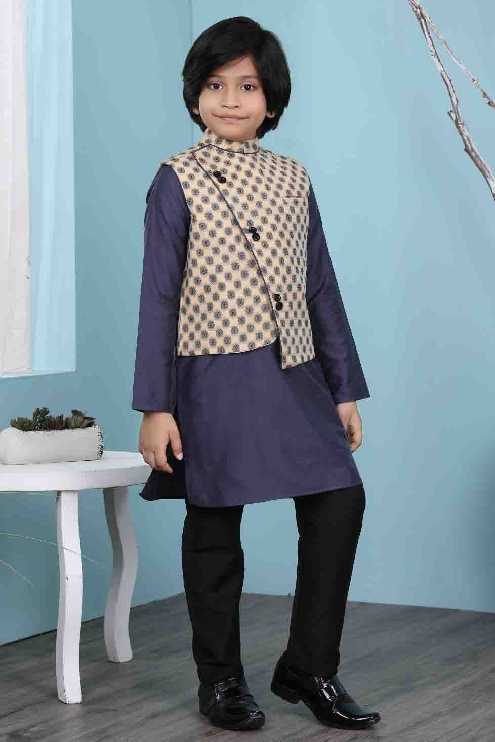 Navy Blue and Beige Cotton Silk Kurta PajamaWith Jacket  NCBW10710718