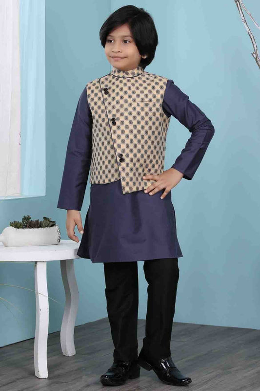 Navy Blue and Beige Cotton Silk Kurta PajamaWith Jacket NCBW10710718