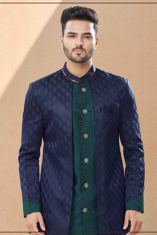 Navy Blue and Green Indo Western In Banarasi Jacquard  NCSH10410525