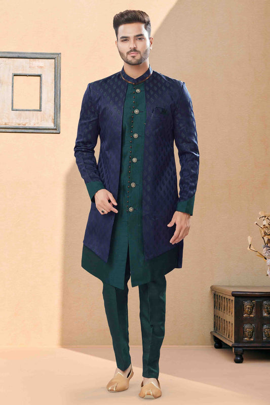 Navy Blue and Green Indo Western In Banarasi Jacquard NCSH10410525