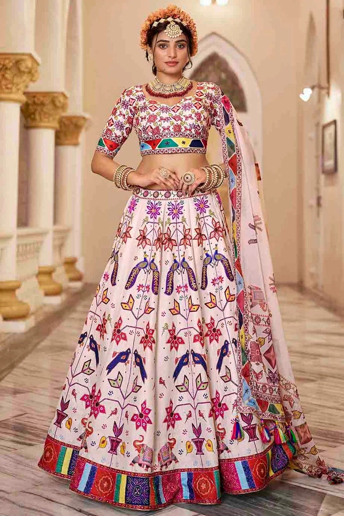 Off White Art Silk Printed and Hand Lehenga Choli NCLC10810106