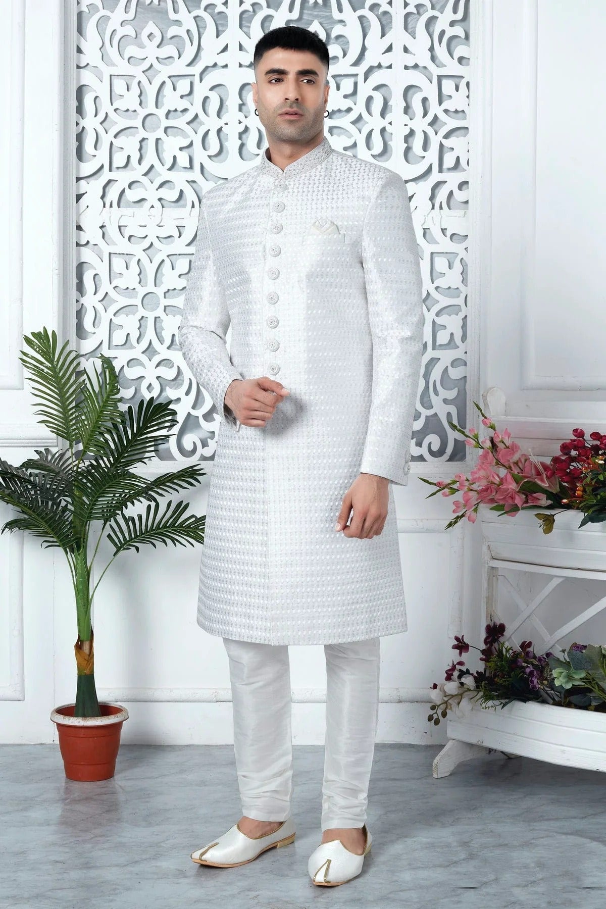 Off White Art Silk Sherwan With Churidar Pant  NCSH12310311