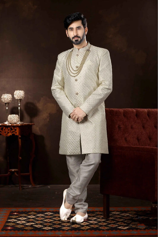 Off White Art Silk Sherwani NCSH10410452