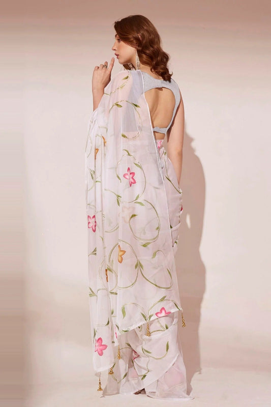 Off White Blooming Organza Saree NCSD11112464