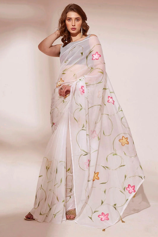 Off White Blooming Organza Saree NCSD11112464